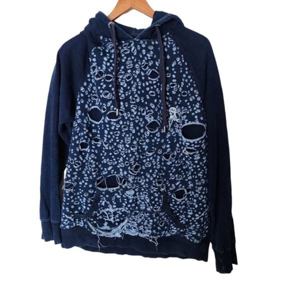 PRPS Goods Indigo Blue Distressed Hooded Sweatshirt 2XL Kangaroo Pocket Slim aci - Picture 7 of 16